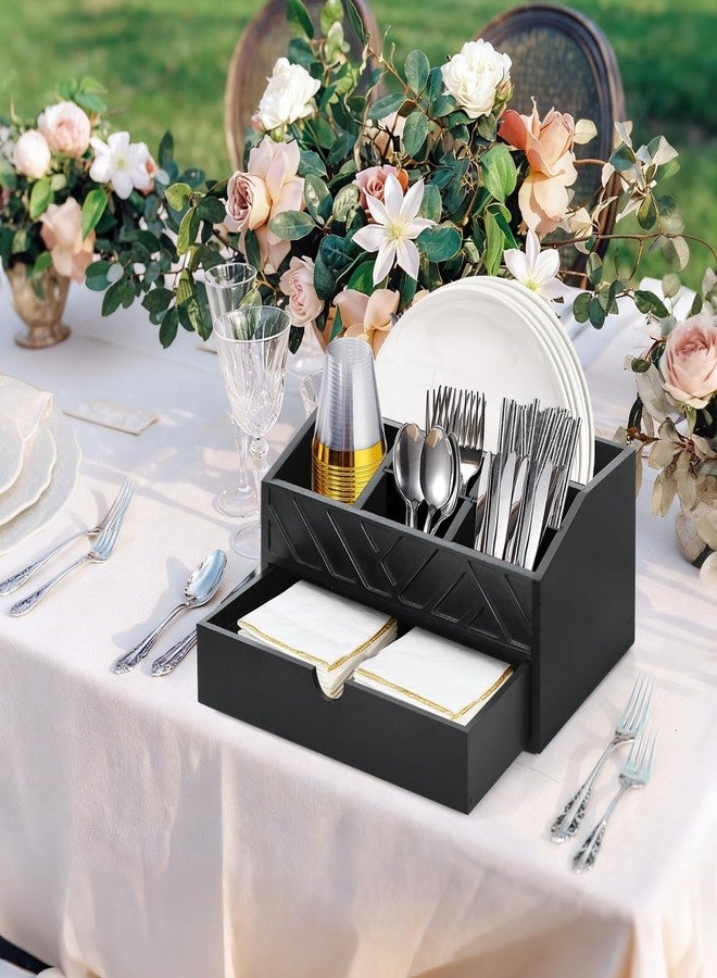 Ukonvi Paper Plate Dispenser with Drawer, Wooden Utensil Holder for Kitchen Accessories, Rustic Paper Plate Holders for Countertop, Large Silverware Caddy Organizer for Napkins, Cups, Forks, Spoons (Black) - Image 2
